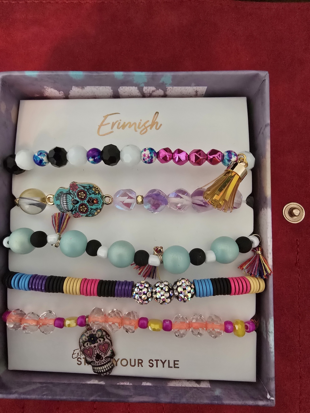 Erimish Turquoise, Pink, Purple & Gold Sugar Skull Stackable Bracelet Set